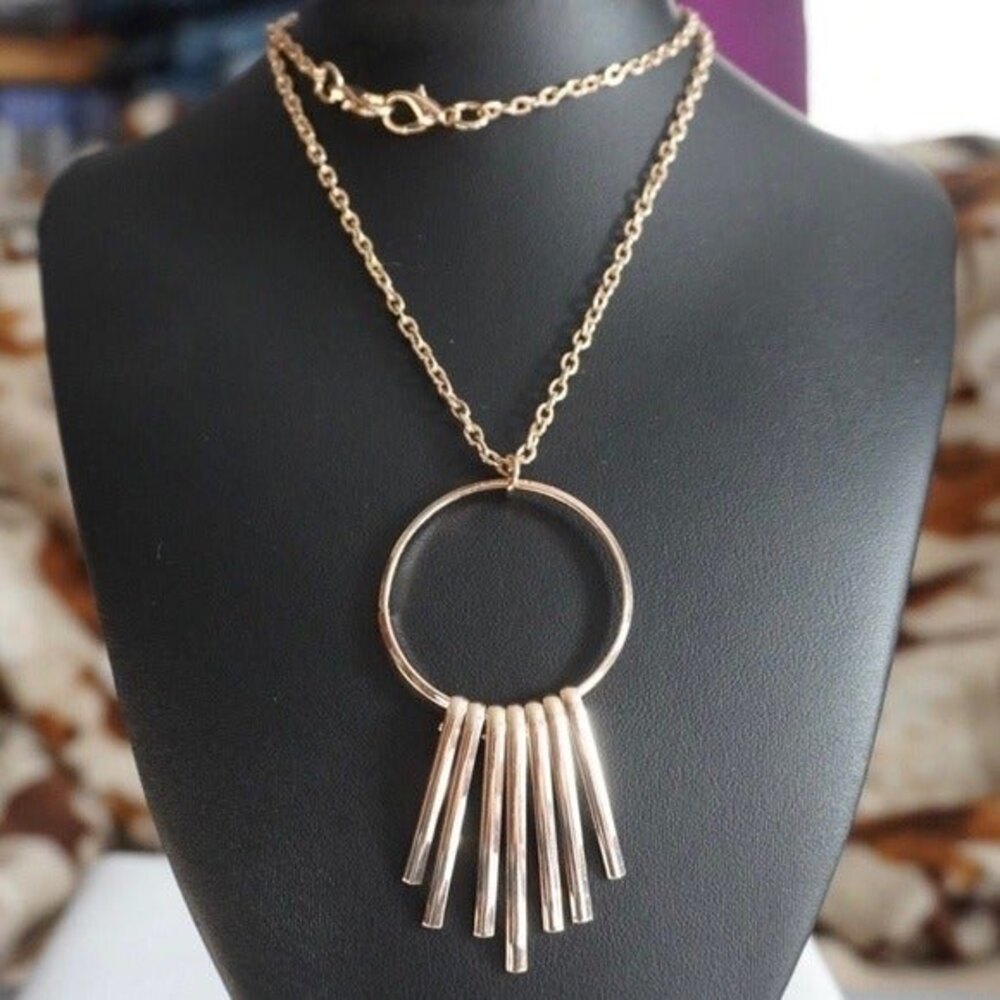 Circle Dangle Pendant Statement Necklace Gold Tone